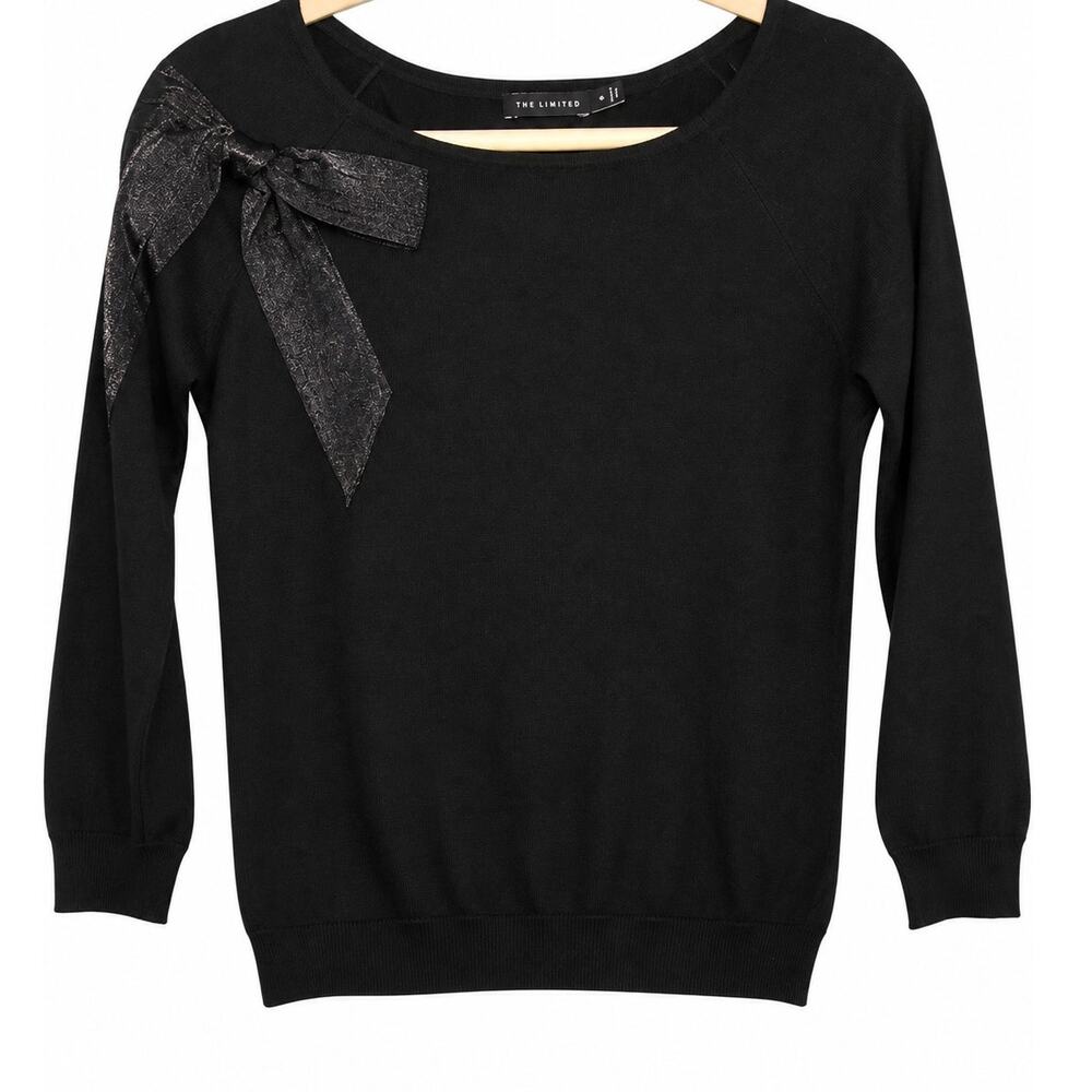 The Limited Black Bow Shoulder Sweater Women’s Lightweight Knit Pullover